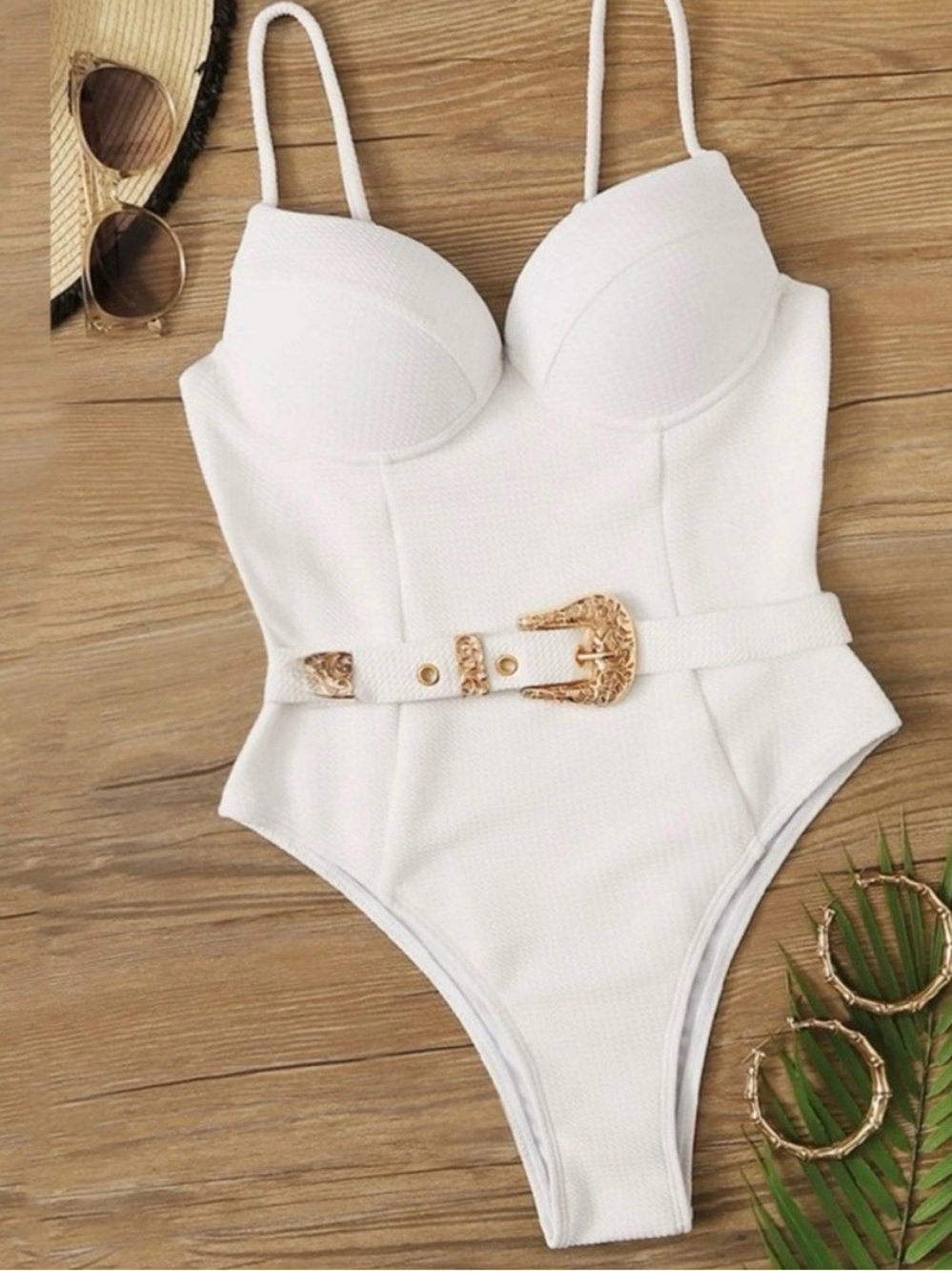 SHEIN White One-Piece Swimsuit with Gold Western Style Belt Buckle